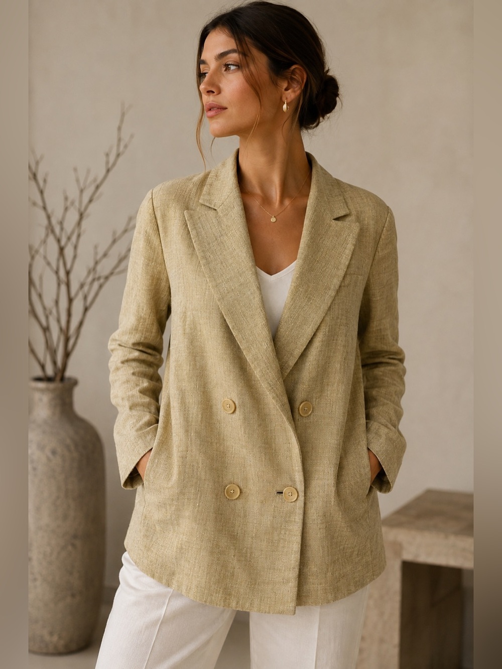 Ralph Lauren Beige Silk Linen Double Breasted Blazer Jacket US 6